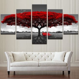 Beautiful Red Tree Scenery - 5 Piece Multi Panel Canvas Wall Art