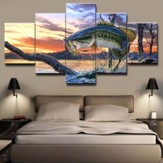 Bass Jumping Out Of Water fishing - 5 Piece Multi Panel Canvas Wall Art