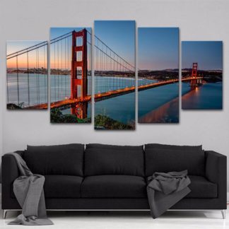 View Of The Golden Gate Bridge At Night - 5 Piece Multi Panel Canvas Wall Art