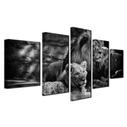 Black White King Of The Forest Lions - 5 Piece Multi Panel Canvas Wall Art - Image 6