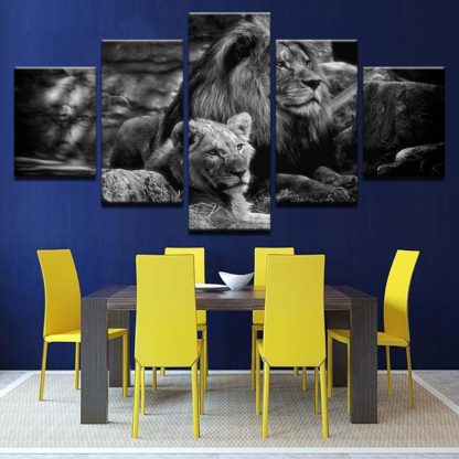 Black White King Of The Forest Lions - 5 Piece Multi Panel Canvas Wall Art - Image 3