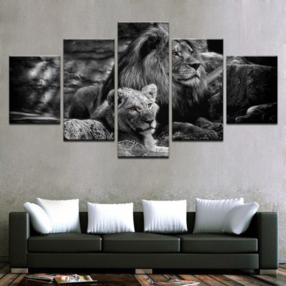 Black White King Of The Forest Lions - 5 Piece Multi Panel Canvas Wall Art