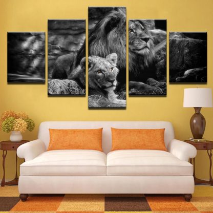 Black White King Of The Forest Lions - 5 Piece Multi Panel Canvas Wall Art - Image 2