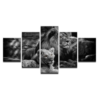 Black White King Of The Forest Lions - 5 Piece Multi Panel Canvas Wall Art - Image 5