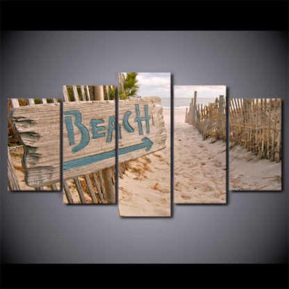 To The Beach Sign on Fence - 5 Piece Multi Panel Canvas Wall Art - Image 2